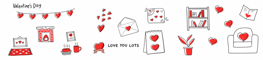 Valentine's Day decorations and symbols in red and white