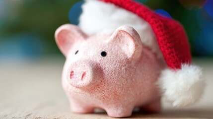 Piggy bank wearing a Christmas hat on a table with holiday lights in background