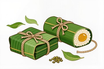 Fototapeta premium Illustration of traditional rice cakes (bánh chưng, bánh tét) wrapped in green leaves, Lunar New Year illustration, white background.