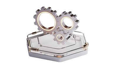 Metallic gears on futuristic hexagon stage, 3d rendering.