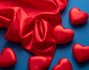 Red satin cloth draped beside smooth red heart shaped objects on blue