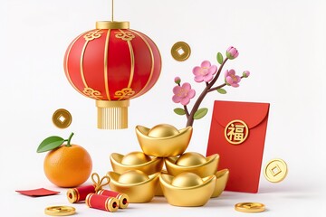Illustration of 3d symbolic Lunar New Year items representing luck, prosperity, and renewal, modern 3d illustration style, isolated on white.