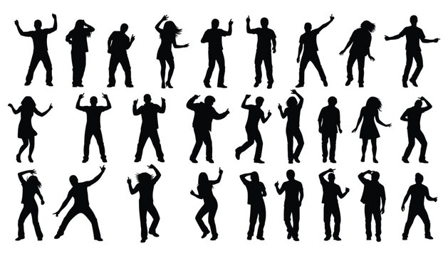 Dancing people silhouette. Party celebration vector illustration. Happy crowd character design. Music entertainment concept. Energetic dance graphic. Modern dancing people silhouette vector collection