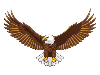 A majestic bald eagle with its wings spread wide, showcasing its brown feathers and white head.