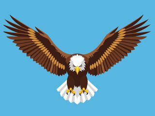 Obraz premium A majestic bald eagle with its wings spread wide, soaring against a clear blue sky.