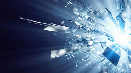 Digital Transformation Abstract. Dynamic burst of interconnected abstract digital fragments, moving quickly from dark to light. Concept of change and speed, sleek metallic texture