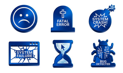 Set of blue 3D system error icons: crash, bug, failure and freeze