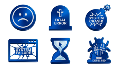 Set of blue 3D system error icons: crash, bug, failure and freeze