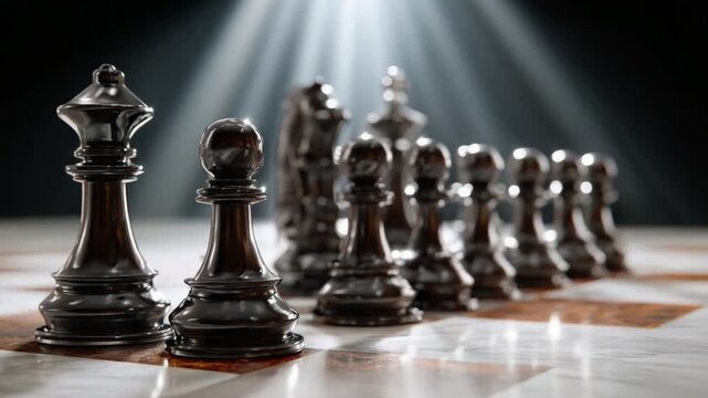 Strategic Chessboard: Illuminated by a single spotlight, a chessboard showcases black pieces in a tactical formation, symbolizing strategy, competition, and decisive action.