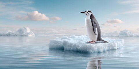 Penguin standing on ice floe in melting water with bright sky