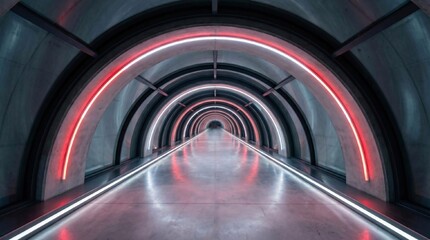 Hyperloop Transportation Tunnel. Smooth, flowing architectural background of a long, empty tunnel with integrated thin lines of bright red and white light guiding the way. Wide angle, futuristic veloc