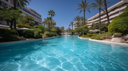 Fototapeta premium In a tropical paradise, a shimmering swimming pool stretches out, framed by swaying palm trees and vibrant foliage, inviting relaxation under the bright sun