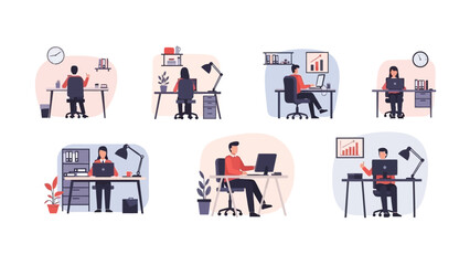 Fototapeta premium Diverse individuals focused on work at their desks, symbolizing productivity and remote employment
