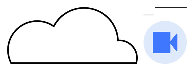 Cloud computing, data storage, video streaming, virtual communication, content sharing, digital technology. Simple cloud outline and blue video camera icon. Cloud computing and data storage concept