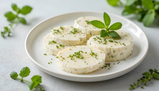 Freshly prepared herbed butter or soft cheese rounds garnished with vibrant green leaves and parsley flakes. nabulsi cheese 