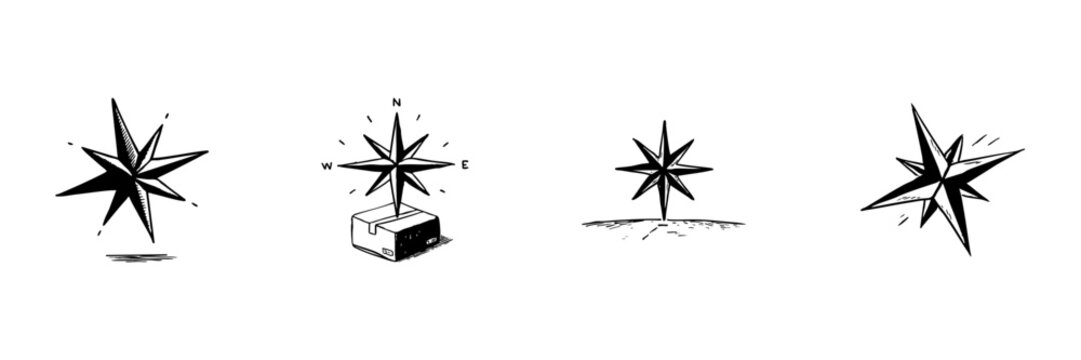 Compass Rose Doodle Sketch Set. Navigation And Direction Symbols In Hand Drawn Style Collection. Nautical And Geographic Orientation Elements. Isolated Vector Illustration