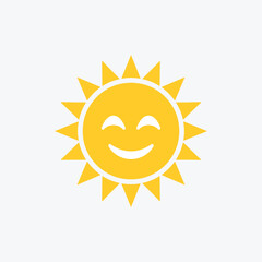 Bright yellow smiling sun icon isolated on a clean white background for weather apps