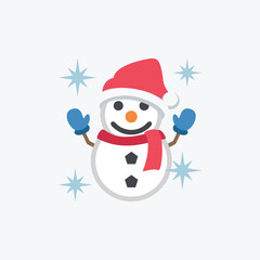 Cheerful snowman wearing a red santa hat and blue mittens surrounded by sparkling snowflakes