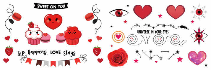 Valentine's Day stickers with hearts, cupcakes, and roses