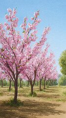 A Serene Spring Landscape of Vibrant Pink Blossom Trees Under Clear Blue Skies, Perfect for Nature Lovers and Outdoor Enthusiasts Seeking Tranquility in Blooming Gardens