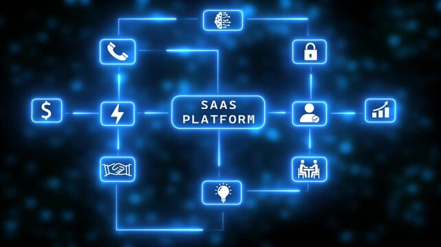 Saa S Platform Business Technology Network Connection Icons Digital Abstract Background Neon Blue Glow Futuristic Network Diagram Concept