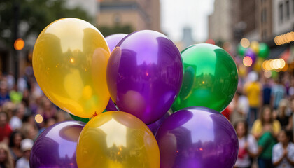 Gold, purple, and green balloons tied together for Mardi Gras celebration in a festive crowd