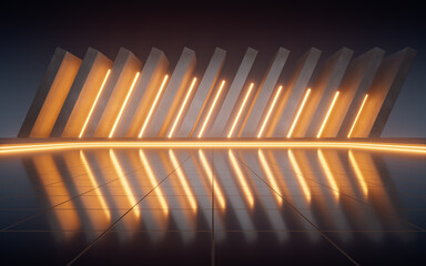 Dark concrete cubes and glowing neon lines, 3d rendering.