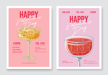 Vintage invitation templates for a Valentine's Day party. Sparkling cocktails, pink background, space for text. Vector illustration for bachelorette parties, weddings, birthdays, and celebrations