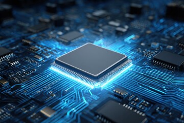 Processing data on a blue circuit board featuring a central processing unit surrounded by electronic components
