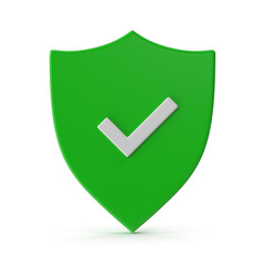 3D Green Shield with White Checkmark for Security and Validation
