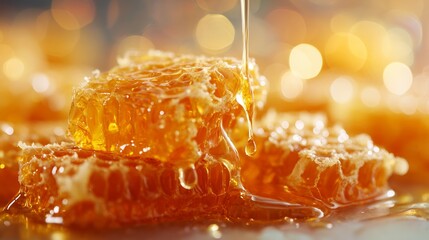 Honey dripping from honeycomb in a bright setting during daytime