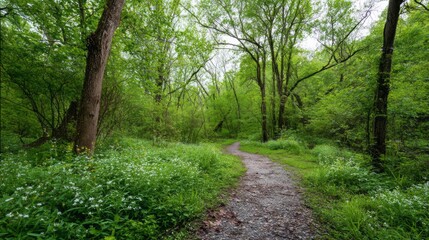 Obraz premium A serene forest trail invites exploration, surrounded by bright green foliage and delicate wildflowers. The fresh atmosphere of spring enhances the charm of this nature escape