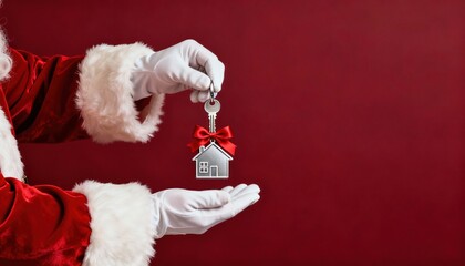 Santa’s hands holding keys with house-shaped keychain against deep red background. Christmas-themed banner concept for holiday sales or real estate agency advertising