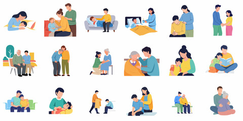 Fototapeta premium Flat Illustration Caring Family Moment and Affectionate Interaction Between Member Set