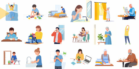 Fototapeta premium Detailed Flat Illustration of Various Person Daily Routine Activities in Home