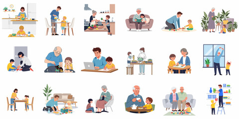 Flat Style Illustration Showing Different Family Relationships and Activities Icon