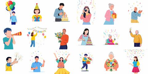 Fototapeta premium Flat Design Diverse People Celebrating Special Occasions with Decorations Illustration Set