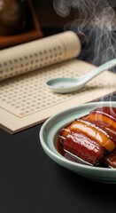 Glossy Braised Chinese Dongpo Beef Belly in Celadon Dish with Negative Space and Song Dynasty Poem Scroll Background