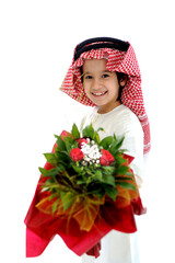 Arabic Muslim kid with bouquet of flowers