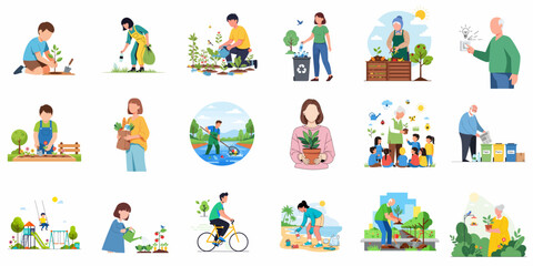 Diverse Flat Illustration of People Doing Environmental Conservation Activities Icon Set