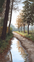 Obraz premium A Serene Landscape: Explore a Tranquil Path Reflecting Autumn's Colors Amidst Majestic Trees and Peaceful Waters in This Captivating Watercolor Scene