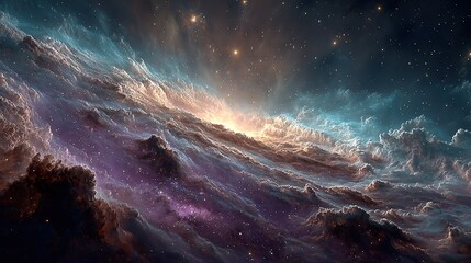 Naklejka premium Vibrant purple and blue nebula, high-resolution ultra-realistic astrophotography-inspired backdrop, ideal for sci-fi, astronomy-themed posters, backgrounds and creative projects.