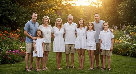 黄金の夕陽が降り注ぐ美しい庭園で明るく微笑む多世代家族。喜びと温かい絆を分かち合う心温まる瞬間を捉える。. AI Generated