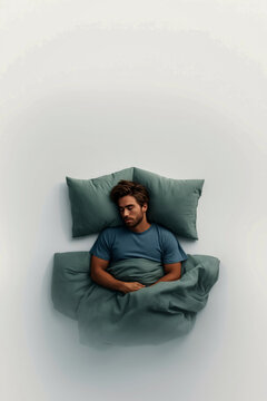 Young man curled up on bed with blue and gray pillows, emotional and intimate scene