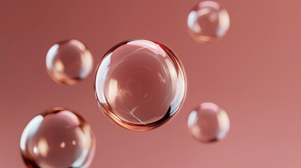 Fototapeta premium Floating glossy bubbles on soft pink background, abstract 3D rendering with reflections