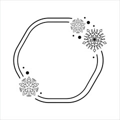 Minimalist black line art vector of a hexagonal frame decorated with intricate snowflakes and scattered dots, perfect for winter greeting cards, invitations, or transparent overlays.