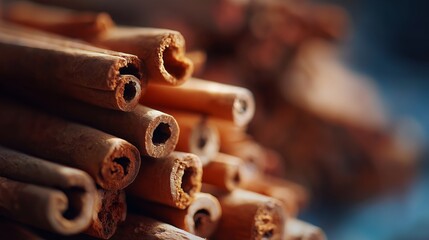 Stacks of cinnamon sticks ready for spice use in cooking and baking recipes