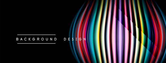 Abstract colorful lines form oval shape. Black background provides contrast. Text reads background design. Modern visual element.