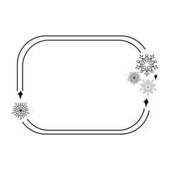 Rounded rectangular frame with a thin double line, decorated with snowflakes and sparkles in one corner. A winter template for text or greetings.