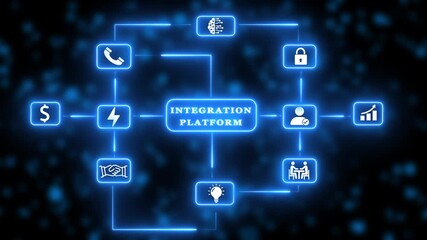Digital integration platform connecting business finance technology communication security collaboration and innovation concepts with glowing neon lines on dark background - Powered by Adobe